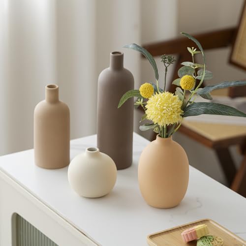 Modern Ceramic Vase Set, Neutral Colors, Decorative Vases for Home Shelf Decor, 4 Piece Collection, Happy Birthday Gifts for Women Mom Her Friend Sister Wife Grandma, Self Care Gift (Coffee Mix set 4)