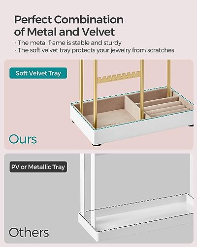SONGMICS Necklace Holder, Jewelry Stand Holder Organizer, Jewelry Display with Metal Frame, Velvet Tray, Earring Bracelet Holder, for Gift Idea, 4.5 x 7.7 x 12.1 inch, Pale Gold UJJS021A01