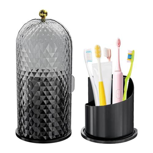 Multifunctional Rotating Toothbrush Holders with Sliding Lid, The 3-Slot Bathroom Countertop Vanity Organizer Perfect for Tooth Brush, Toothpaste, and Makeup Brushes Holder Storage (Black)