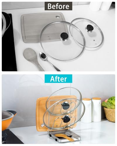 YQh Pot Lid Holder, Two-Compartment Stainless Steel Cooking Rack, Spoon Rest with Lid Holder, Spatula Holder for Counter, Stove Top Shelf Spoon and Lid Rest, Pot Lid Organizer
