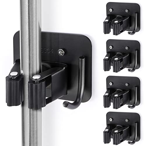Stainless Steel Broom Holder, Heavy Duty, Rust Resistant, 4 Gripper Positions with 4 Hooks, Black | Drill-Mounted Gripper Rack Holds Brooms, Mops and Garden Tools Safely in the Laundry Room, Kitchen, Garage, Garden and Shed