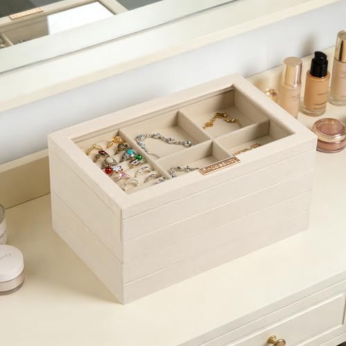 Stackable Jewelry Trays,Set of 4 Jewelry Organizer for Drawer | Glass Lid,Removable Dividers,Real Stackable Design,Velvet Material,Drawer Inserts,Jewelry Box for Earring Rings and Necklace