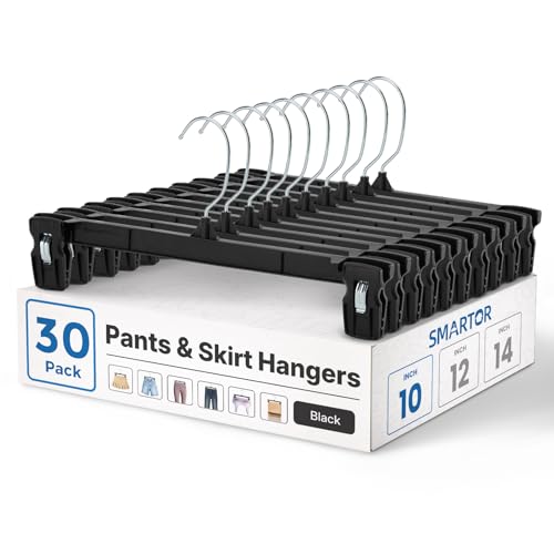 Smartor Black Pants Hangers 30 Pack, Skirt Hangers with Clips, 10 Inch | Non-Slip Clips, 360° Swivel Hooks; Compact Plastic Clip Hangers for Dorms, Small Closets and Folded Pants