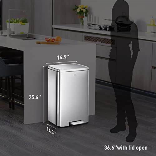 EKO Madison Brushed Stainless Steel 13.2 Gal/50L Kitchen Step Trash Can or Recycling Bin, Removable Inner Liner, Soft Close Lid, Fingerprint Resistant Finish