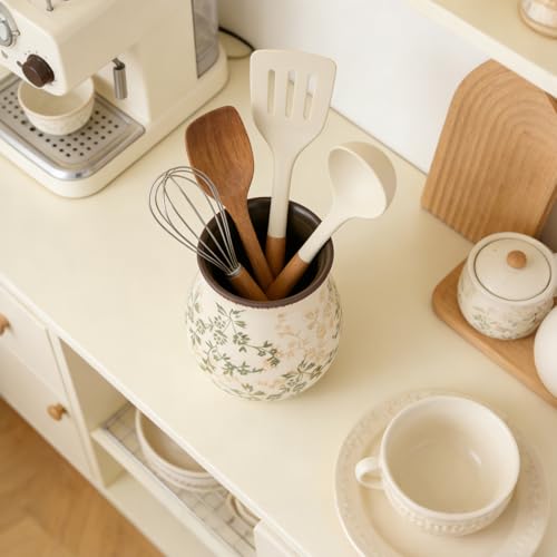 Rustic Ceramic Utensil Holder for Kitchen Counter Farmhouse Cooking Utensil Crock Vintage Kitchen Utensil Organizer Spatula Spoon Holder for Countertop Kitchen Decor (Springtime Green Vine)