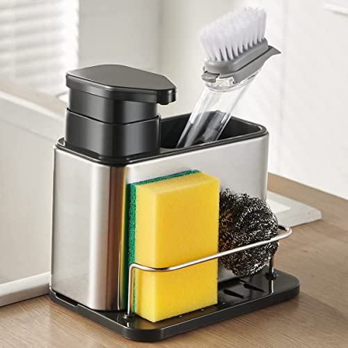 Dish Soap Dispenser 3-in-1 Sponge Holder for Kitch... (Silver | 18/8 Steel)