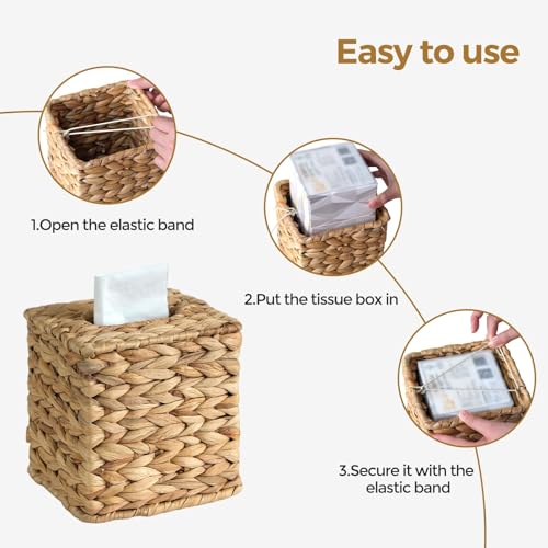 Wicker Tissue Box Cover, Rattan Tissue Box Holder Square | Boho Decorative Woven Water Hyacinth Cube Tissue Holders for Bathroom Living Room Kitchen
