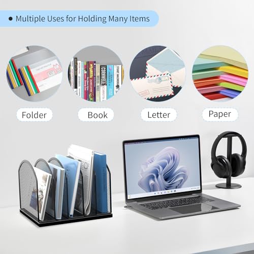 5-Section Vertical Desktop Organizer, 5-Section Mesh File Folder Stand Sorter for Office Home Classroom Organization