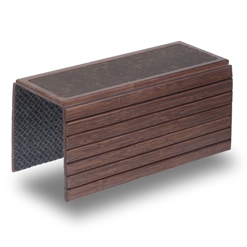 DETOR Couch Arm Tray with Retro Cork Pad, Brown-Stained Bamboo Finish | Enhanced Non-Slip Bottom, Sturdy Bamboo Slats, Fits Armrests 4.6" and Wider