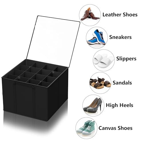 SUOCO 2 Pack Shoe Organizer for Closet, Fits up to 32 Pairs, Small Space Shoe Storage Boxes Bins Containers w/Adjustable Dividers and Clear Top, Black