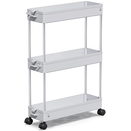 Slim Rolling Storage Cart, 3 Tier Bathroom Cart Or... (Grey | Plastic)