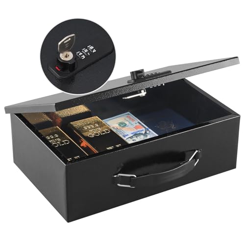 KYODOLED Fireproof Lock Box for Documents, Dual Combination and Key Lock Security with Carrying Handle, Metal Strong Safe Box to Keep Personal Items,Documents, Exterior 12.6" x 8.3" x 3.58", Black