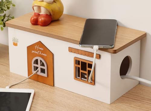 Cable Management Box, Wood Extension Cord Organizer, Handmade Power Strip Box for TV Computer Wire USB Hub System, Surge Protector Cord Hider Box on Desk or Floor (Medium)