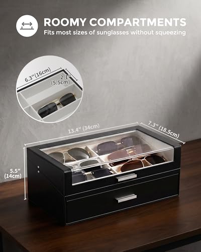 ProCase 12 Slots Sunglasses Box with L-Shaped Clear Lid -Black | Multiple Pairs Glasses Display Organizer Eyewear Eyeglass Eye Glass Storage Holder with Drawer for Men Women