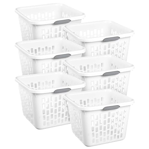 Sterilite Square Laundry Basket, Plastic Clothes Hamper, 6-Pack | 1.5 Bushel Capacity, White, Dirty Clothing Storage, Ventilated Rectangular Holes & Large Comfort Grip Handles for Easy Carry