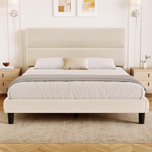 Queen Size Platform Bed Frame with Velvet Headboar...