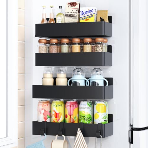 Magnetic Spice Rack for Refrigerator, Kitchen Organizer and Storage Shelf, Black (4 Pack)…