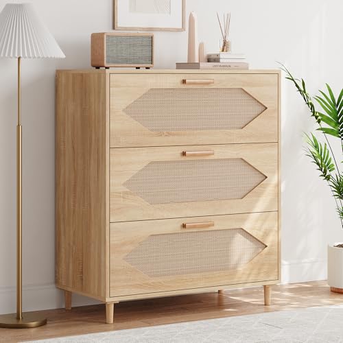 3 Drawer Dresser for Bedroom, 31.5 Inch Wide Ratta... (Oak | Wood)