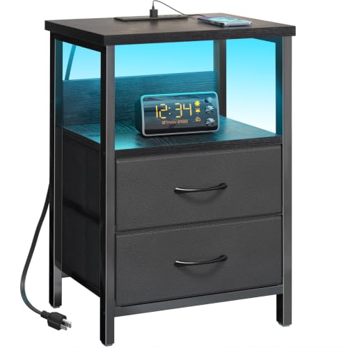 Fixwal Night Stand with Charging Station (2 AC Outlets & 2 U-S-B Ports) LED Nightstand Small Dorm Room Furniture, 2 Fabric Storage Drawers, Bedside Table End Tables Bedroom, Modern Black