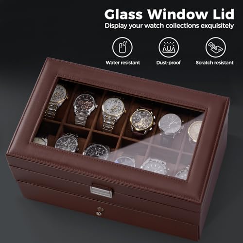 ProCase Watch Box, 12 Slot Watch Case for Men with Drawer, Espresso | 2-Layer Watches Display Case with Glass Lid, Mens Jewelry Box Storage Holder Organizer, Anniversary Christmas Birthday Gift