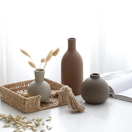 Ceramic Vase Set of 3, Vases Home Decor Rustic Farmhouse Decorative Vase Pottery Vases for Bouquet Pampas Grass Dried Fresh Flowers, Table Living Room Kitchen Bedroom Bathroom - Brown