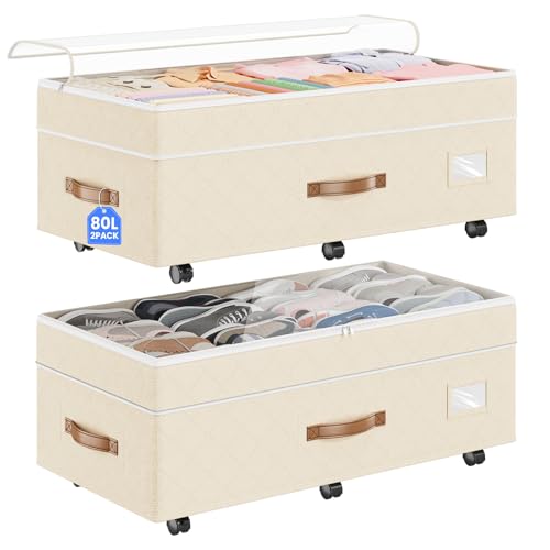 80L 2 Pack Adjustable Under Bed Storage with Wheels, Beige | Underbed containers with clear lids, rolling underbed shoe storage organizer for dorm clothes, blankets, easy to install