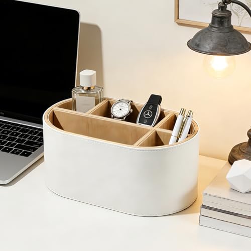 PU Leather Desk Organizer with Multi Compartments, Desktop Caddy Holder for Remote Controls, Pens, Makeup Brushes, Office Accessories (Beige)