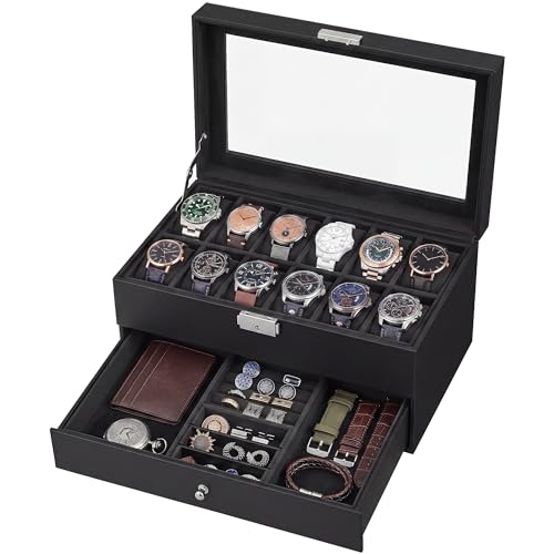 Watch Box, PU Watch Case Organizer with Glass Lid,... (Black + Black | Polyurethane)