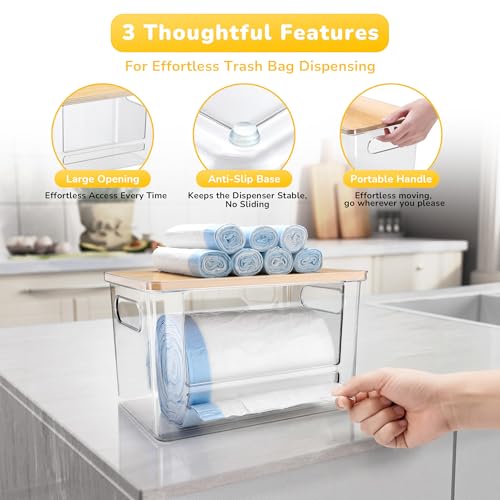 Trash Bag Dispenser Holder, 3-in-1 Laundry Detergent Dispenser Under Sink Organizer Box & Bamboo Lid, Clear Laundry Room Organization and Storage, Kitchen Garbage Bags Storage Container