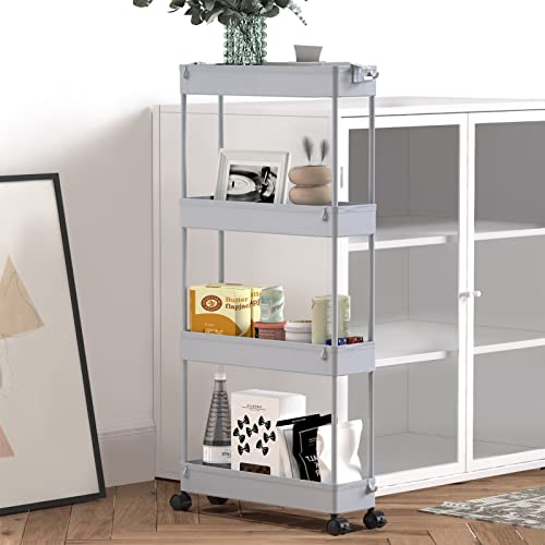 Slim Storage Cart 4 Tier,Bathroom Organizer Rolling Utility,Mobile Shelving Unit Slide Out for Office, Kitchen, Laundry Room & Narrow Places,Gray