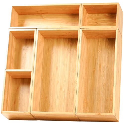 Drawer Organizer Storage Boxes, 2.5" High Bamboo Drawer Dividers, 5 Rearrangeable Bins for Kitchen, Office Desktop, Clothing, Makeup, vanity, Jewelry