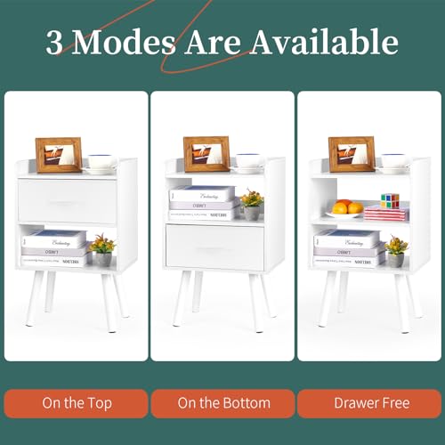 Yoobure Modern Nightstand with Drawer, Bedside Tables, Mid Century Nightstands with Open Storage Shelf, Wood Bedside Table, Small Night Stands for Bedrooms, 2-Tier Night Table