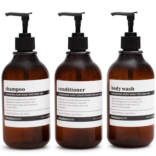 Shampoo and Conditioner Bottles Set of 3 Amber Black – Shower Shampoo Dispenser – Hotel Style Bathroom Upgrade by MaisoNovo