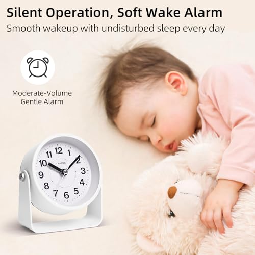 Analog Alarm Clock with Snooze & Light, Silent Non-Ticking, White | On-demand light, quartz movement, battery operated, easy to set, gentle wake alarm, bedside clock for home, travel, or office