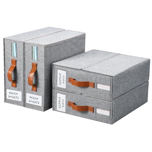 Bed Sheet Organizer, Foldable Linen Closet Storage... (4 Count | Grey | Linen)