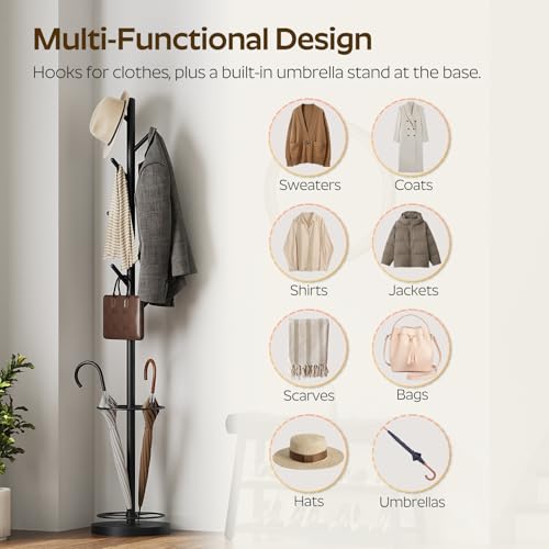 Coat Rack Freestanding with Umbrella Holder, Coat Rack Stand with 8 Hooks, Heavy Duty Coat Tree for Entryway, Modern Clothing Rack, Metal Coat Hanger Stand for Bedroom, Office, Black YM03BB
