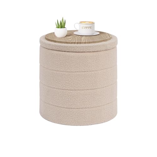 Round Storage Ottoman Foot Rest Stool with Tray Ve... (Beige | Engineered Wood)