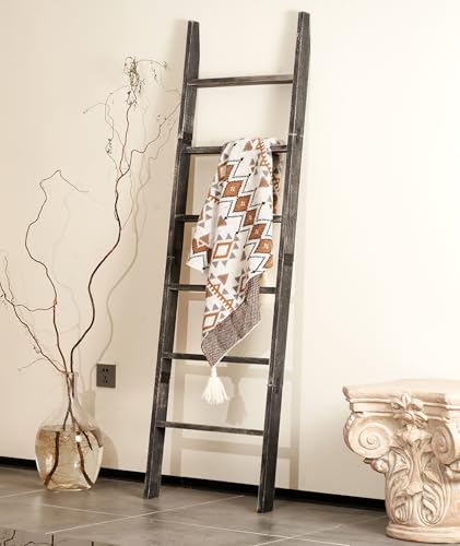 Blanket Ladder 6-Tier Washed Black, Rustic Towel & Quilt Display Rack | rustic black ladder for living room, bedroom or bathroom. Holds quilts, towels & blankets. Sturdy 6-tier wood. Easy assembly