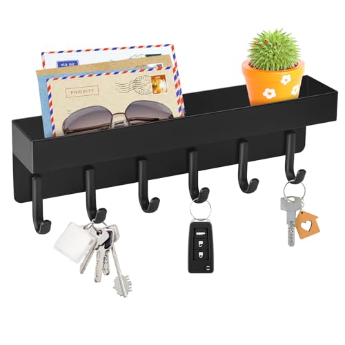 VIS'V Key Holder Wall Mount, Adhesive Key Rack with Tray, 6 Hooks, Black | 2 Mount Options, Compact Discreet Design, Suitable for Entryway, Hallway, Doorway, Kitchen, Garage, Camper