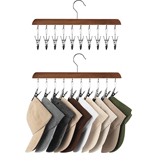 StorageWorks Hat Organizer 2 Pack, Walnut Cap Hanger Rack with 10 Clips