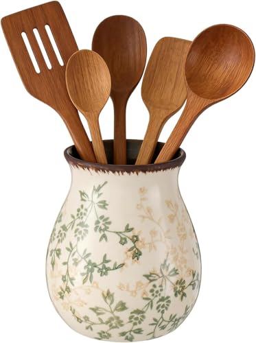 Rustic Ceramic Utensil Holder for Kitchen Counter Farmhouse Cooking Utensil Crock Vintage Kitchen Utensil Organizer Spatula Spoon Holder for Countertop Kitchen Decor (Springtime Green Vine)