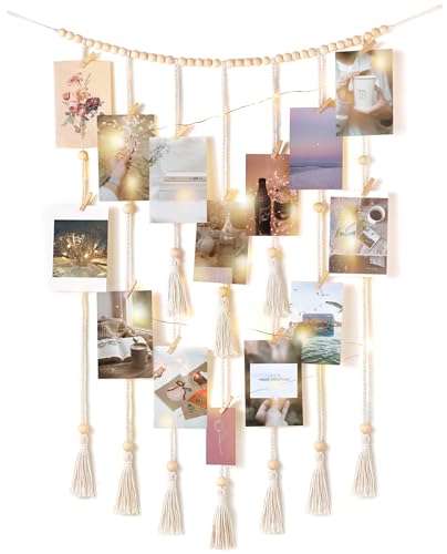 Hanging Photo Display, Boho Decor with String Ligh... (Beige | Cotton, Wood)