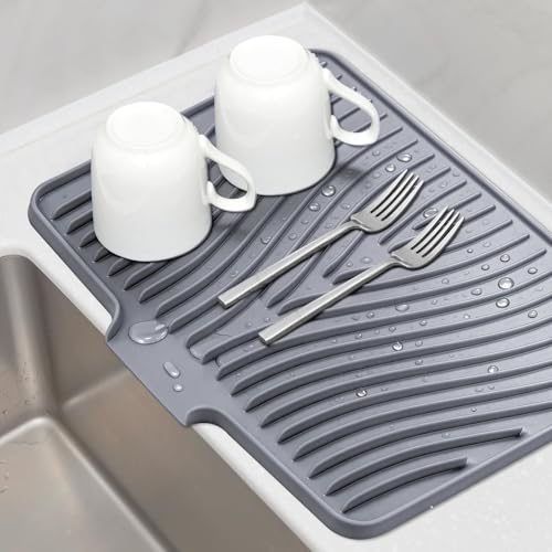 TIKNIK Silicone Dish Drying Mat for Kitchen Counter, Grey-1pcs, 16" x 12" | Heat Resistant & Non-Slip Dish Drain Pad with Built-In Drain, Dishwasher Safe, Quick-Dry, Hangable & Roll-Up for Storage