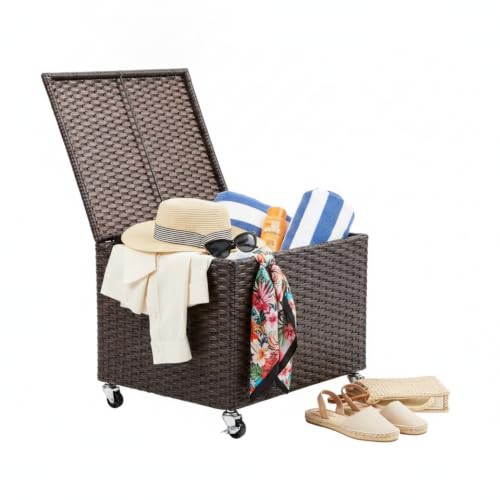 Rattan Rolling Storage Box with Lid and Wheels – D... (Espresso | PE Rattan)