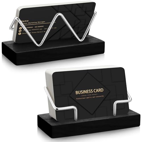 2 Pieces Wood Business Card Holder for Desk Wooden Business Card Display Stand Postcard Holder for Office Home Desktop (Black, Silver)