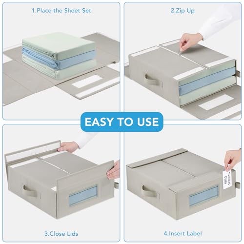 3 Pcs Bed Sheet Organizers and Storage, Large Size Sheet Set Organizers (Queen & King) Duvet Covers Blanket Storage for Linen Closet with Handle, Zipper, Label and Clear Window, Grey