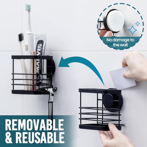 TAILI Patented Suction Cup Toothbrush Holder, Stainless Steel Anti-Puddling Shower Toothbrush Holder, No Drilling Removable Organizer for Bathroom Toothpaste, Razor, Kitchen and Office Items, Black