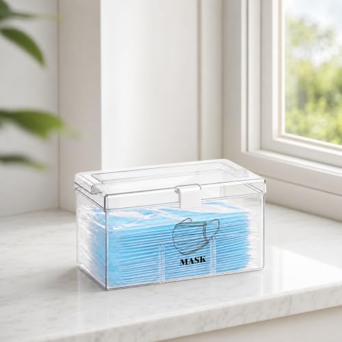 Face Mask Dispenser Box with Handle Countertop Mask Storage Box Holder Dust-Proof Mask Storage Case for Disposable Emesis Bag, Shoe Cover and Hairnet for Home Office Car Clear