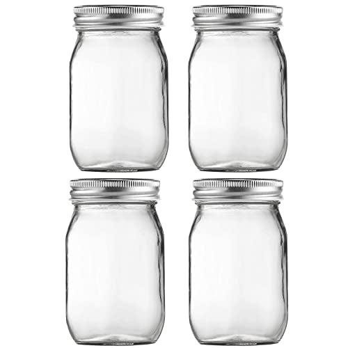 Glass Mason Jars, 16oz Regular Mouth Canning Jar with Airtight Lids, 4 Pack