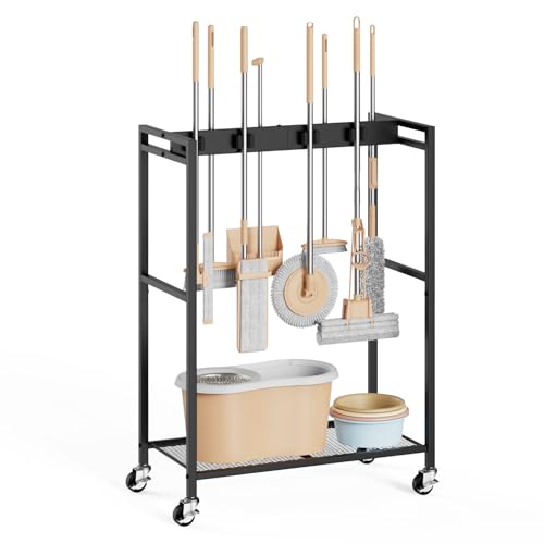 Broom And Mop Holder, Movable Broom Closet Storage... (Black)